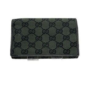 GUCCI GG Logo Gray Canvas Black Leather Trifold Wallet Made in Italy